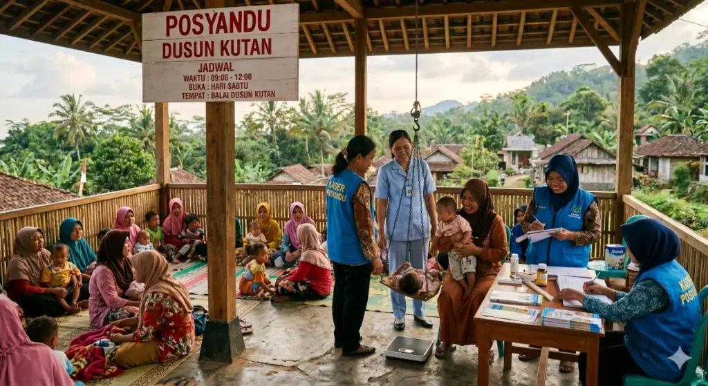 Ilustrasi Kegiatan pemeriksaan kesehatan balita dan imunisasi di Posyandu Dusun Kutan.