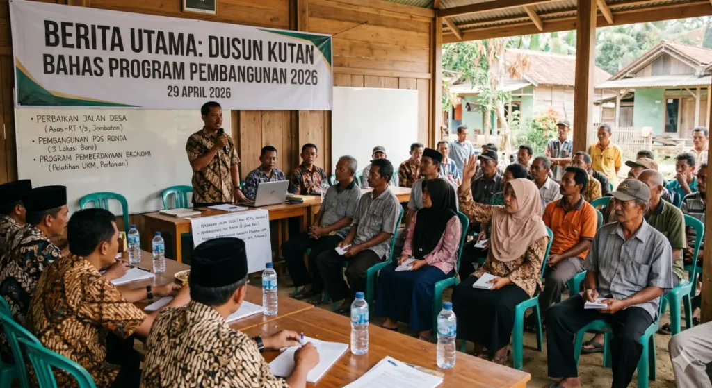 Suasana musyawarah warga Dusun Kutan membahas program pembangunan desa tahun 2026 di balai pertemuan