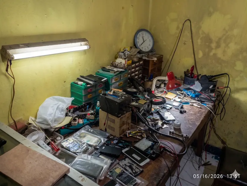 Meja kerja teknisi bengkel service HP Lukman Henpon di Dusun Kutan yang sedang memperbaiki mesin dan onderdil smartphone.