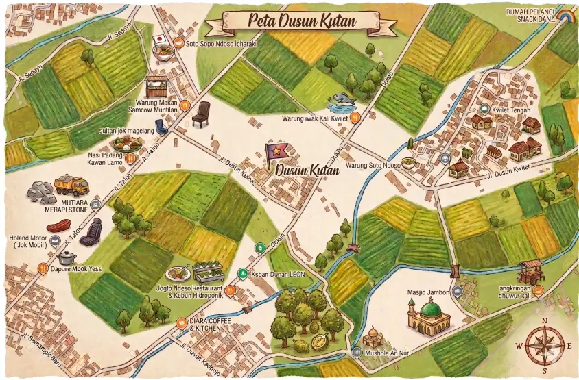 Ilustrasi artistik peta Dusun Kutan yang menampilkan tata letak jalan, area persawahan, serta lokasi penting seperti tempat makan, fasilitas umum, dan UMKM setempat.